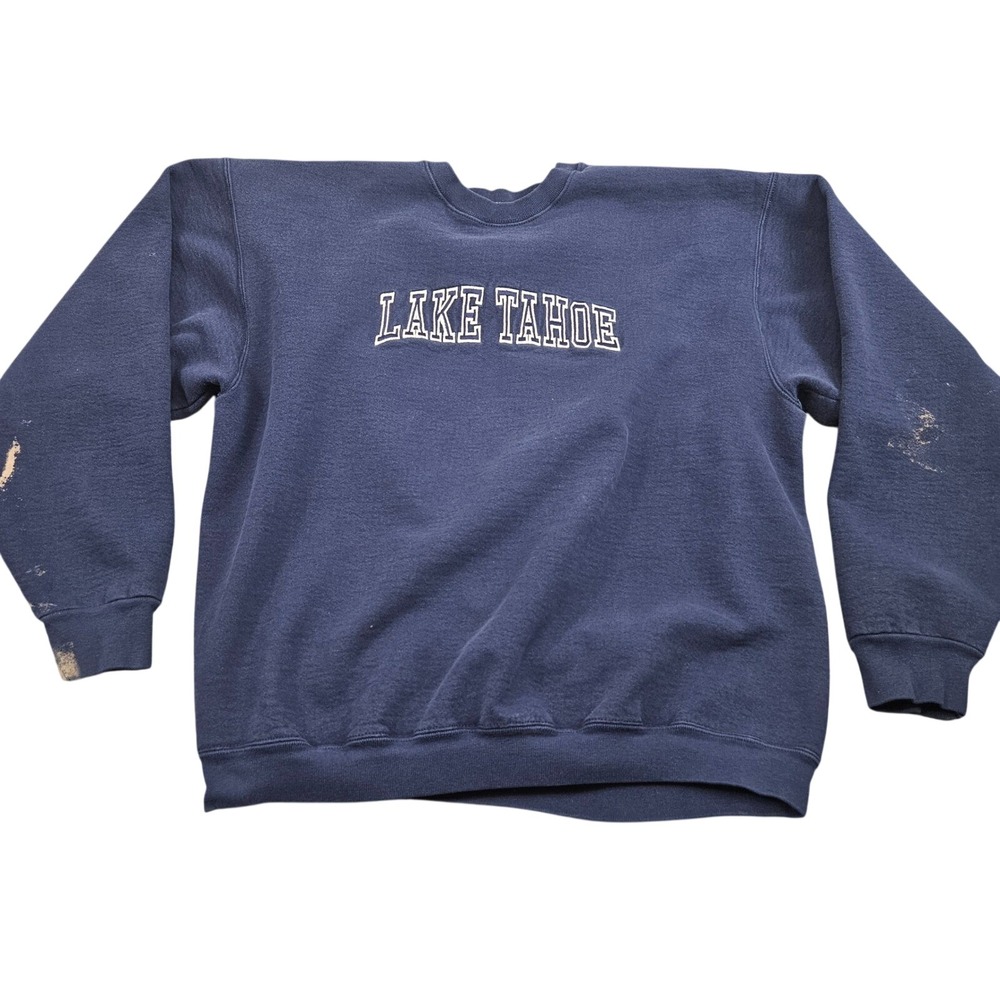 Vintage Lake Tahoe Sweatshirt Mens XL Navy Blue Crewneck Embroidered Y2K Tourist